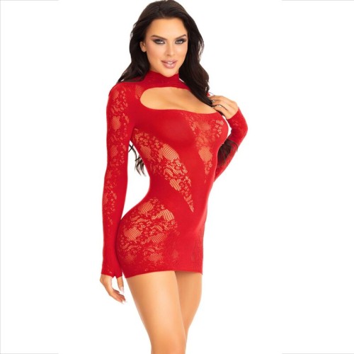 Mini Vestido De Encaje Con Manga Larga Rojo para Noches Elegantes