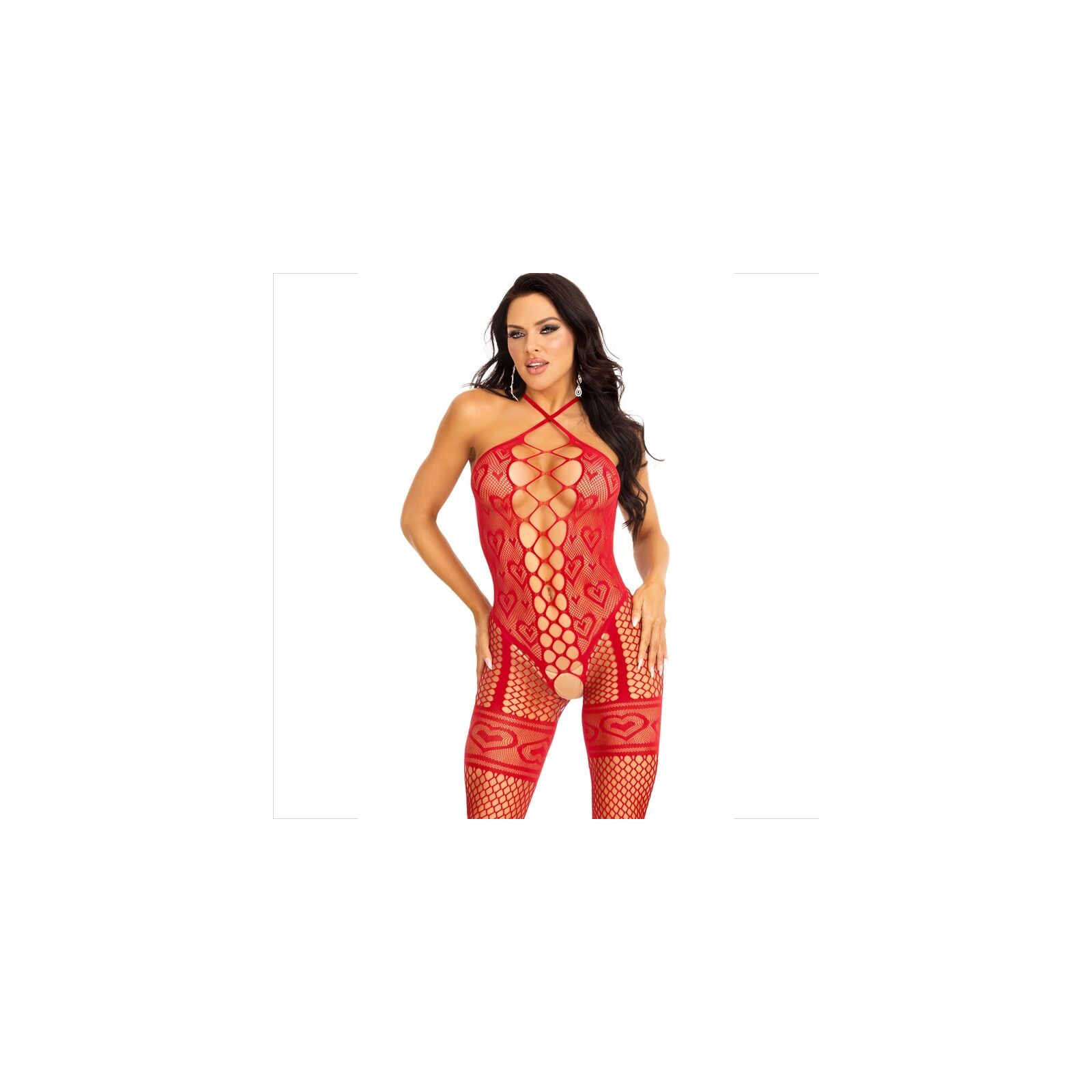 Bodystocking Cuello Halter - Corazones Rojos Leg Avenue