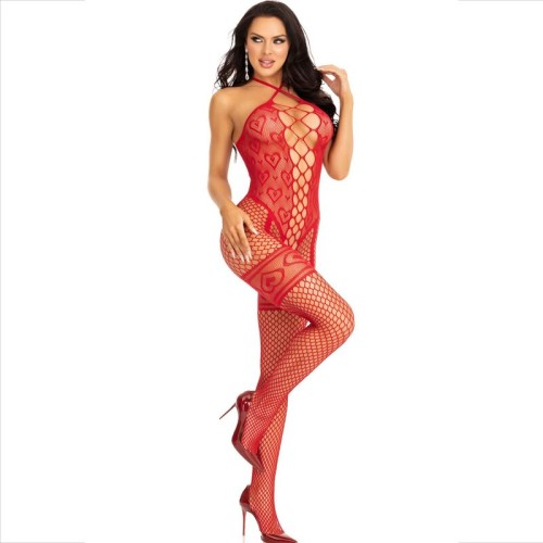 Bodystocking Cuello Halter - Corazones Rojos Leg Avenue