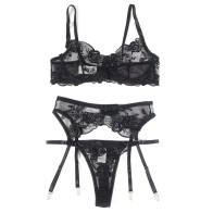 Subblime - Set De 3 Piezas Sujetador + Tanga + Liga Estampado Floral Negro