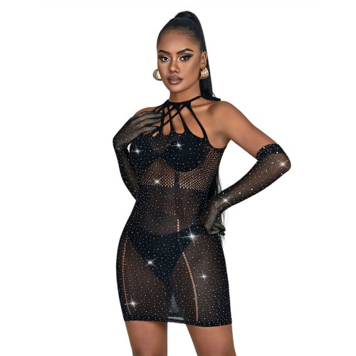 Sublime Mesh Dress with Rhinestones Black One Size - Ultimate Elegance