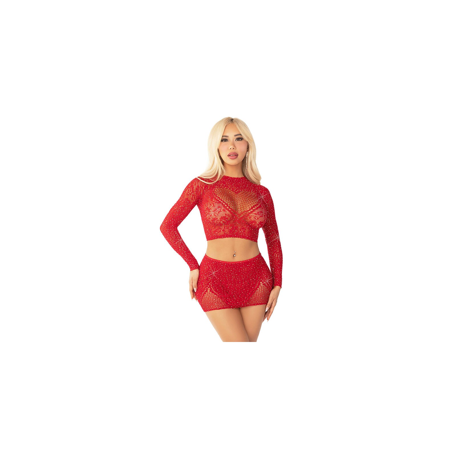 Leg Avenue - Top + Falda De Rejilla Con Brillantes Rojo