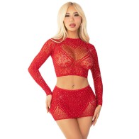 Leg Avenue - Top + Falda De Rejilla Con Brillantes Rojo