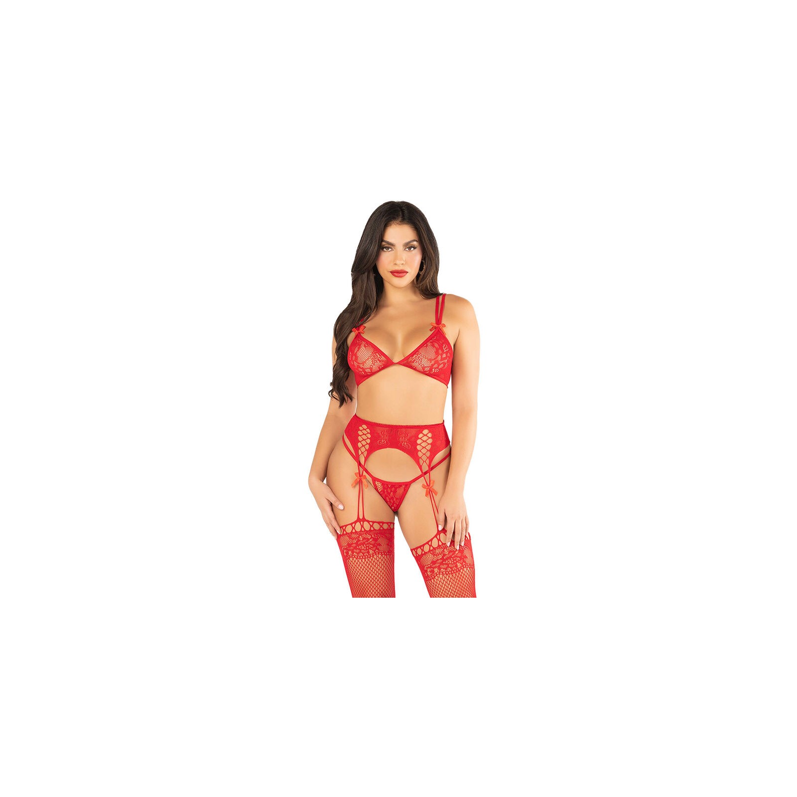 Leg Avenue Sujetador Tanga Medias De Rejilla Rojo