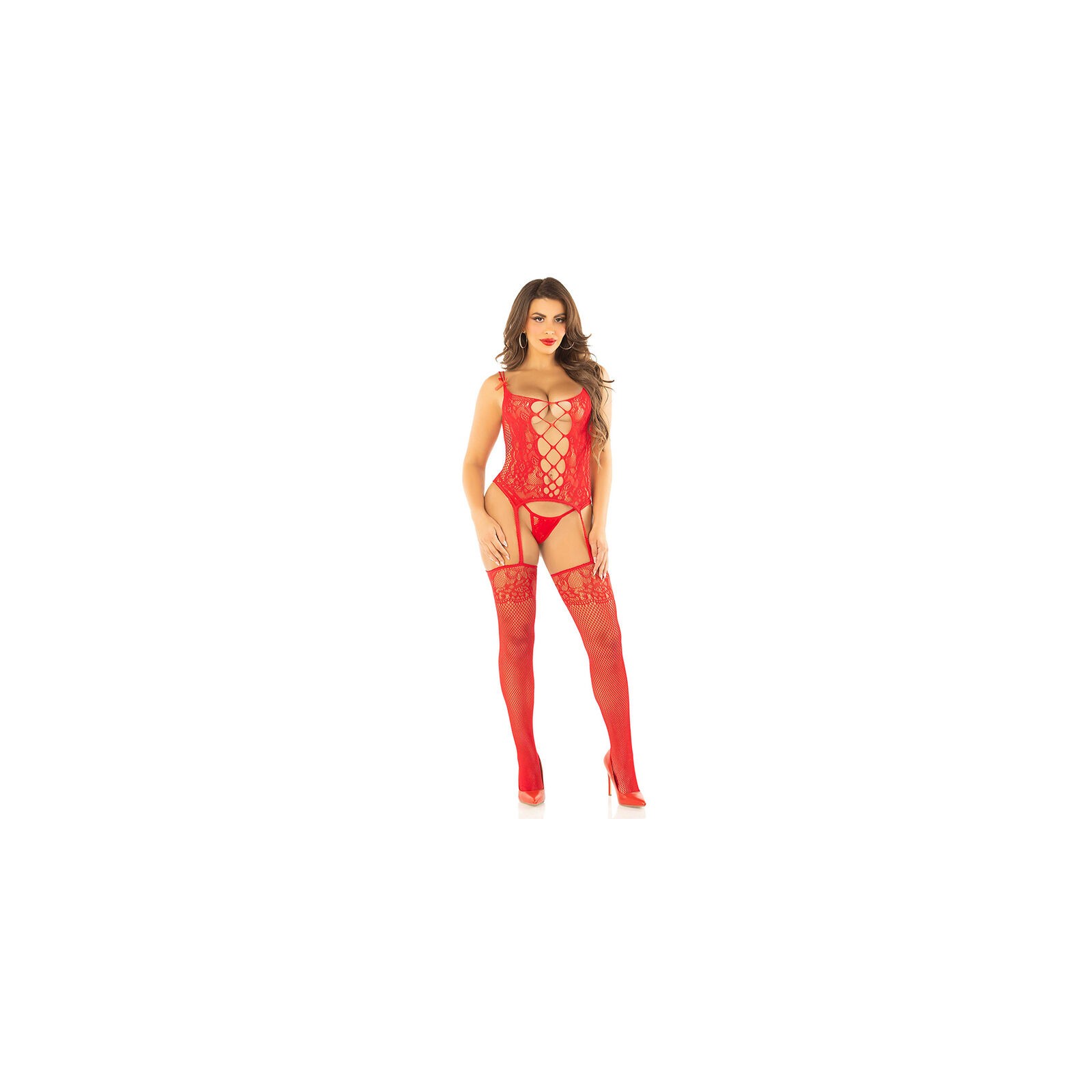 Leg Avenue Red Mesh Lingerie Set with Thong and Stockings