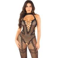 Bodystocking De Rejilla Con Estampado De Flores Negros Talla única