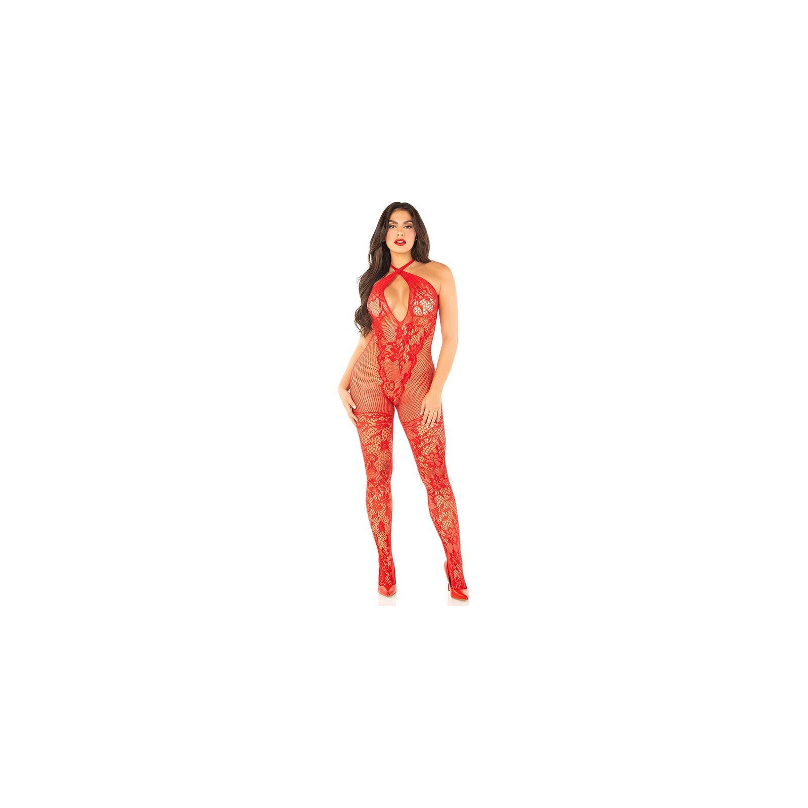 Leg Avenue Bodystocking De Rejilla Con Estampado De Flores Rojo