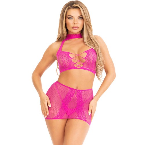 Leg Avenue Top Y Falda De Encaje Abierto Fucsia Para Atractivo Audaz