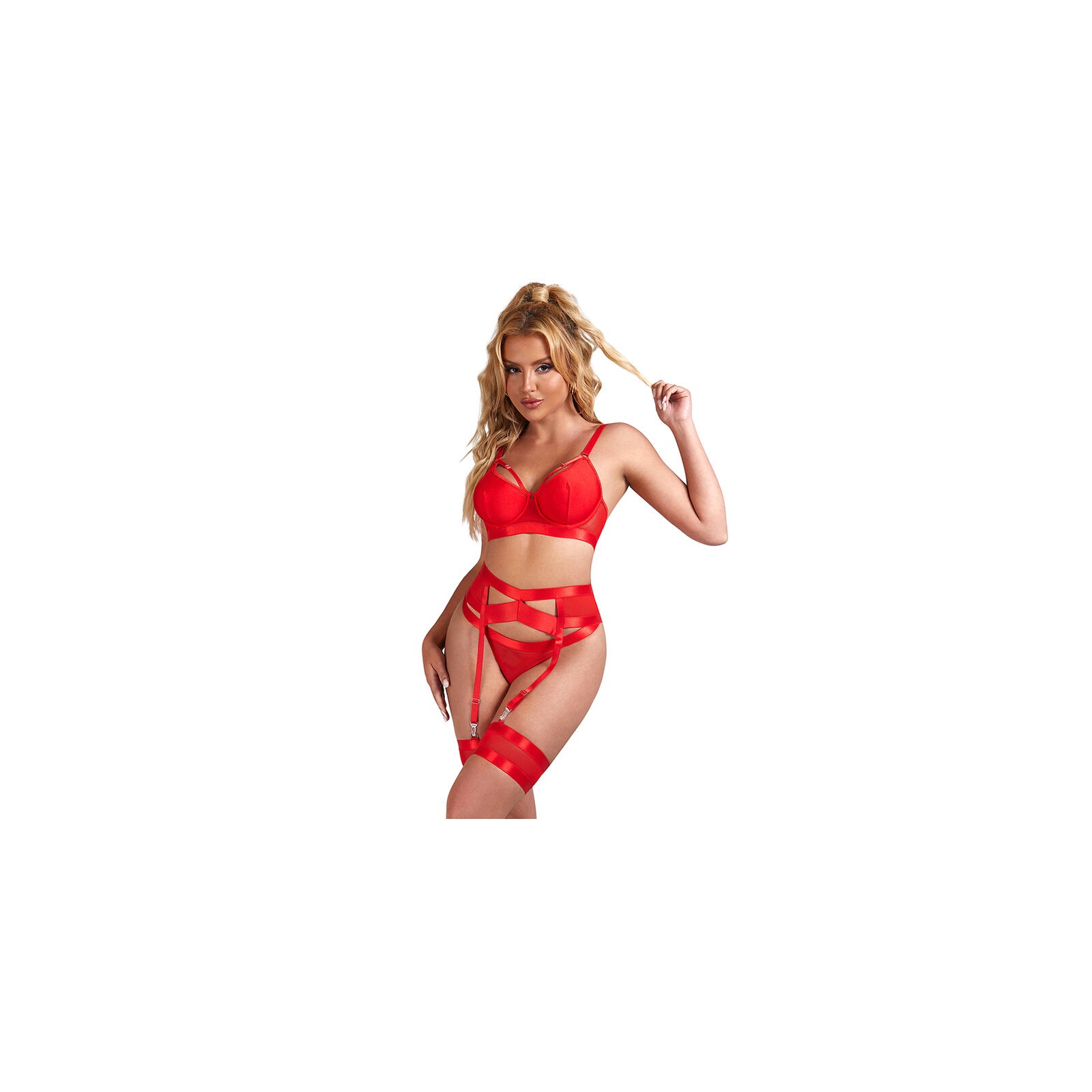 Set Sujetador Con Liguero Bondage Rojo L/XL