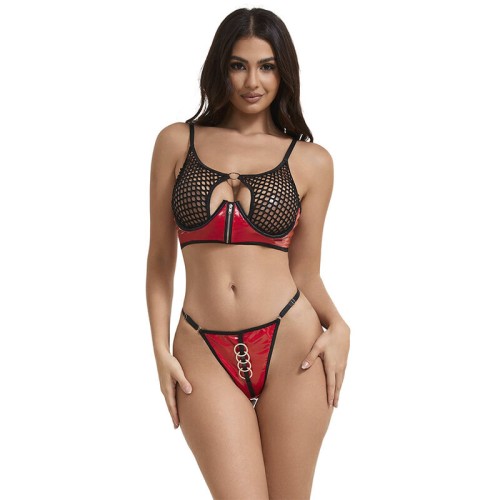 Sublime Red Glossy Mesh Bra Set for Captivating Nights