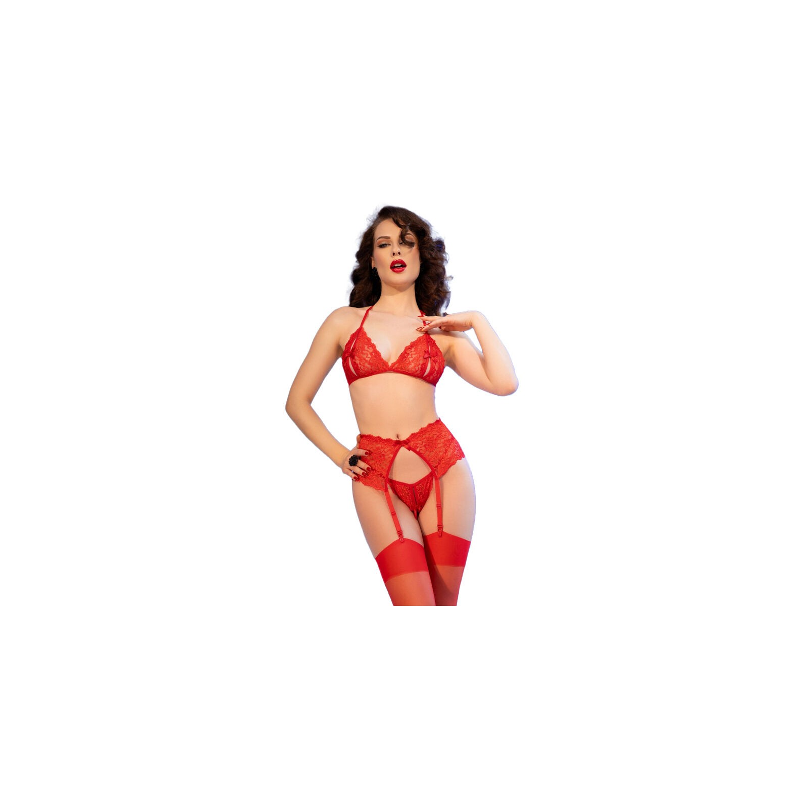 Chilirose Red Bra Thong Stockings Set S - Playful Allure