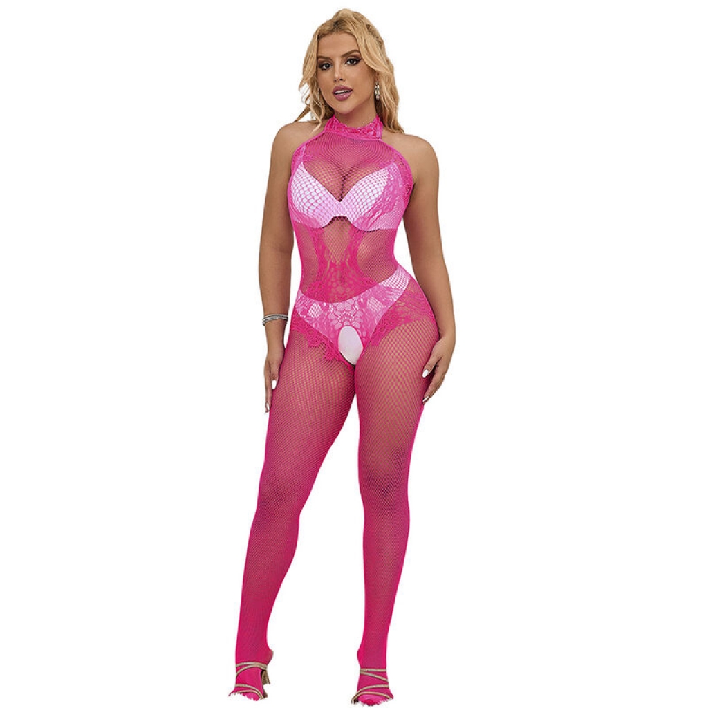 Bodystocking Crotchless De Rejilla y Encaje con Cuello - Subblime 952389