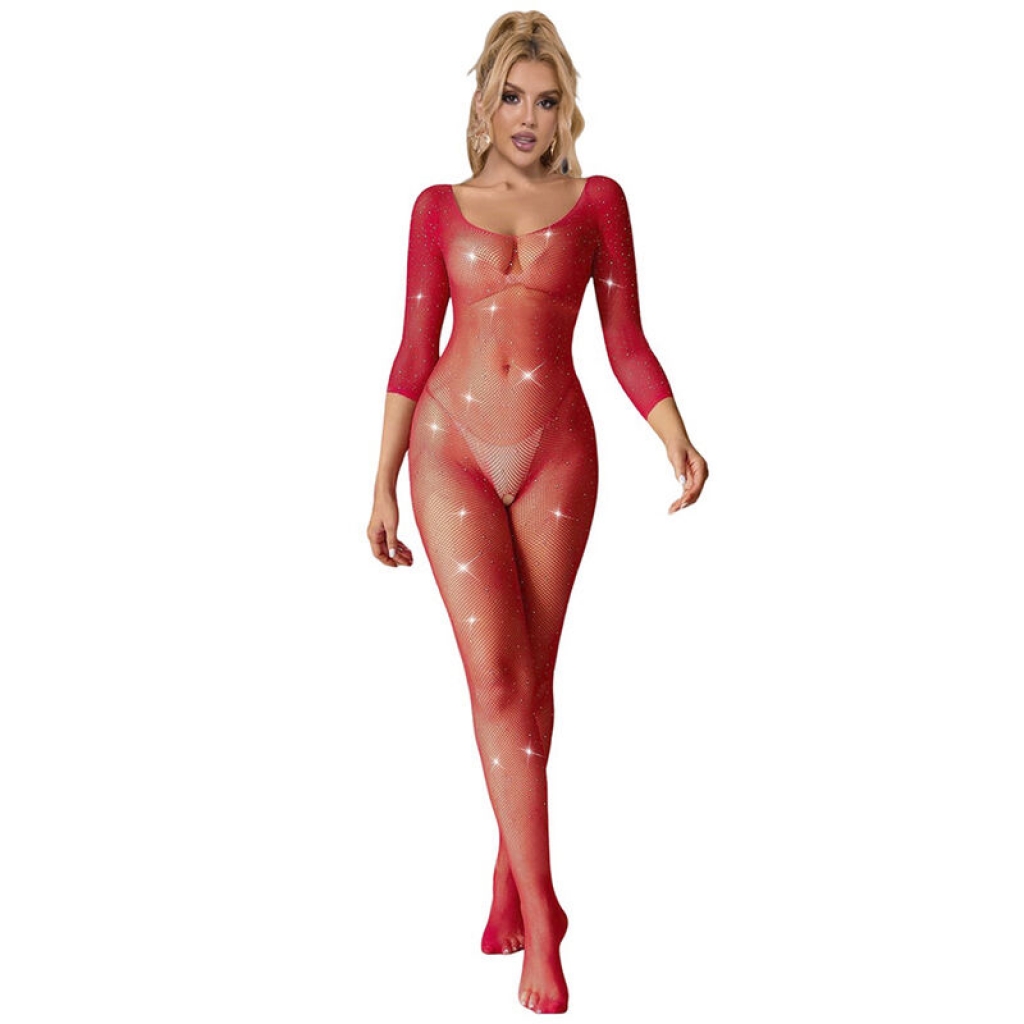 Bodystocking De Rejilla Con Diamantes Manga Larga Rojo