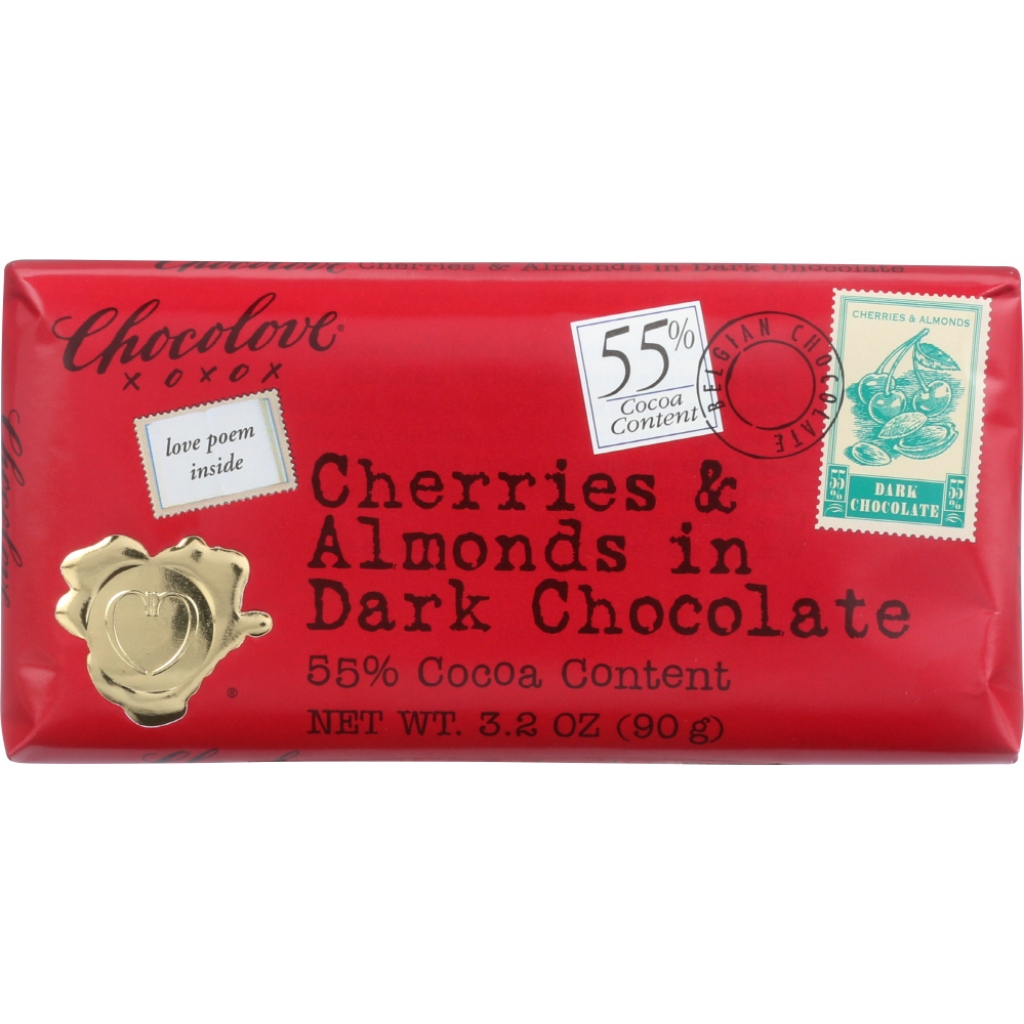 Dark Chocolate Bar with Cherries and Almonds, Decadent Treat