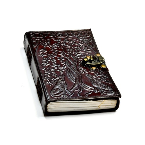 Leather Blank Book with Wolf and Tree of Life Design