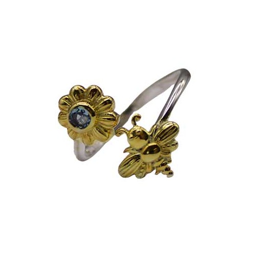 Bee and Flower Ring with Blue Topaz Size 7