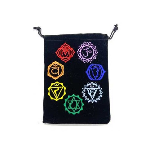 Juego de 10 Bolsas de Velveteen Negro con Chakras para Cristales