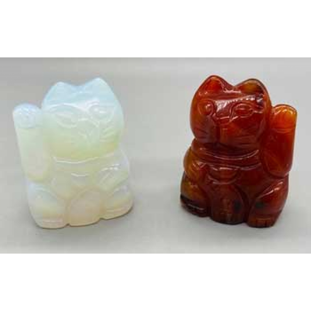 Set of 2 Crystal Manekineko Figurines: Opalite & Red Agate