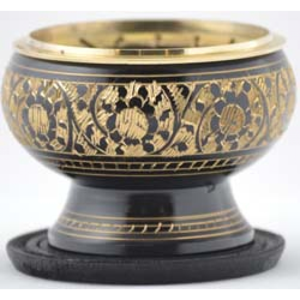 Black Engraved Brass Incense Burner with Coaster