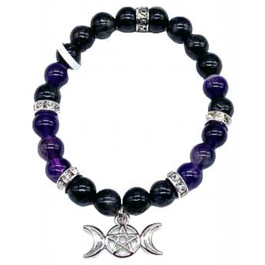 8mm Nuummite & Amethyst Triple Moon Bracelet