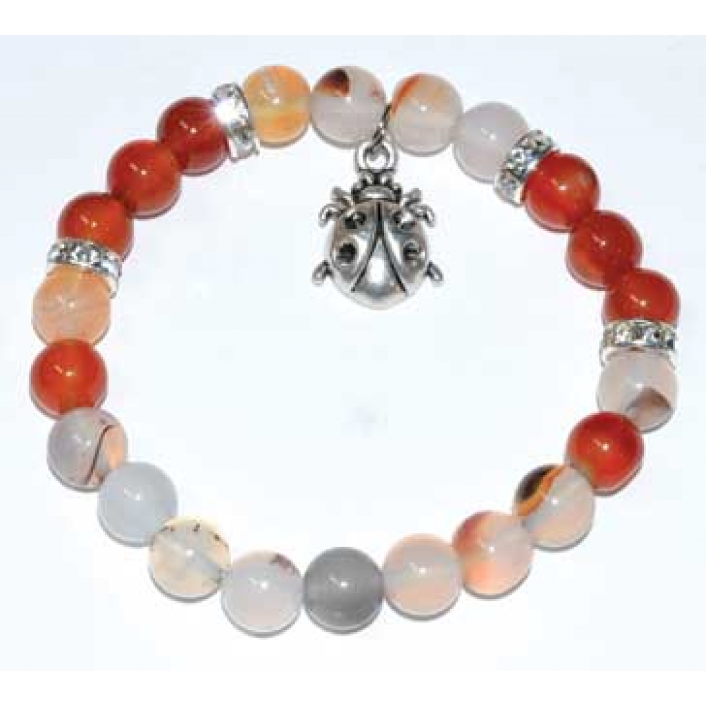 8mm Dendric Agate & Carnelian Bracelet with Ladybug Charm