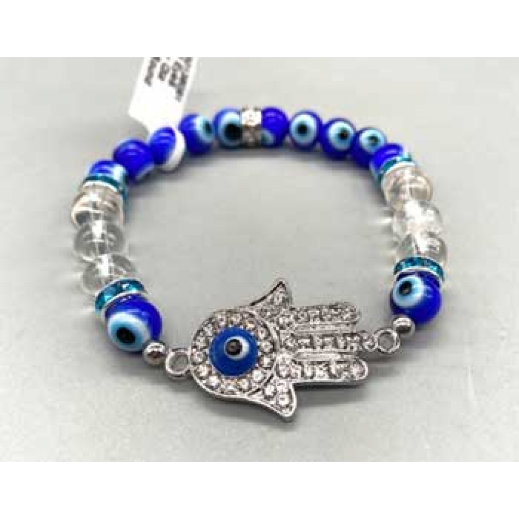 8mm Evil Eye and Clear Quartz Bracelet with Fatima Hand