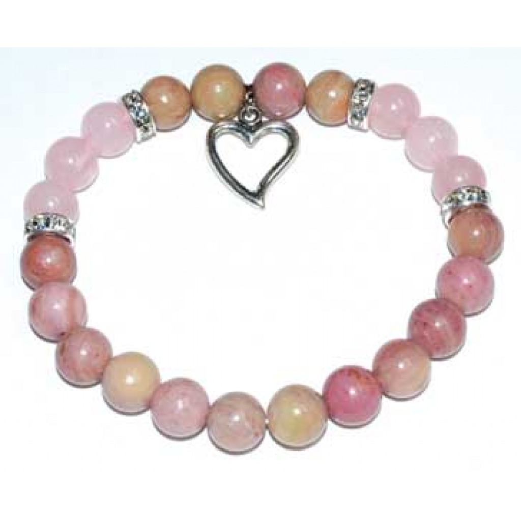 8mm Rhodochrosite & Rose Quartz Heart Bracelet