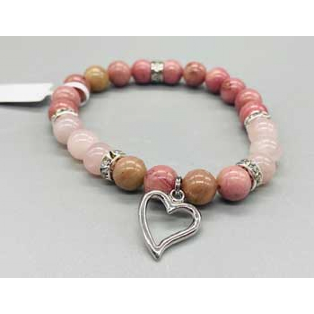 8mm Rhodonite and Rose Quartz Heart Bracelet