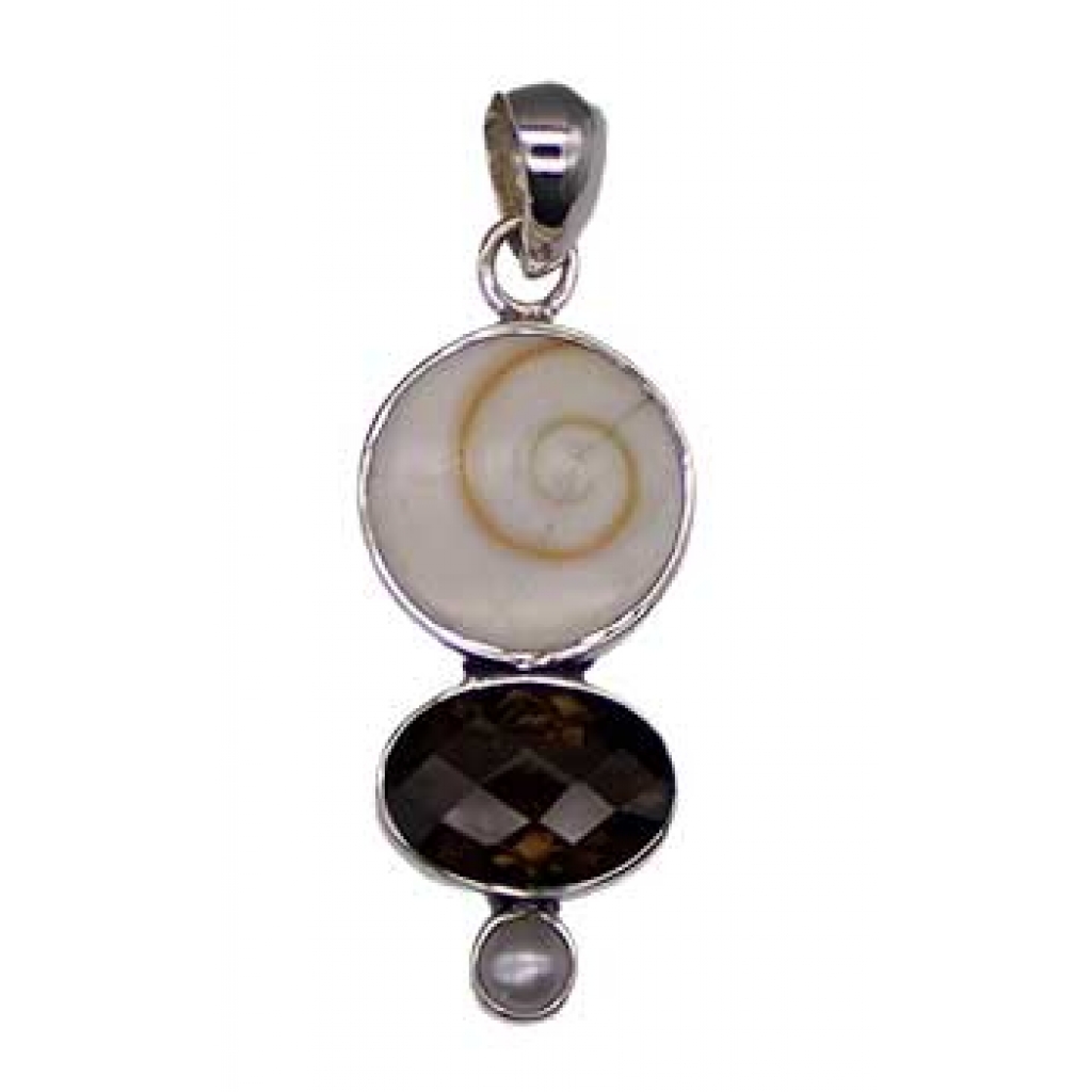 Shiva Eye Shell Pendant with Fresh Water Pearl and Smoky Quartz