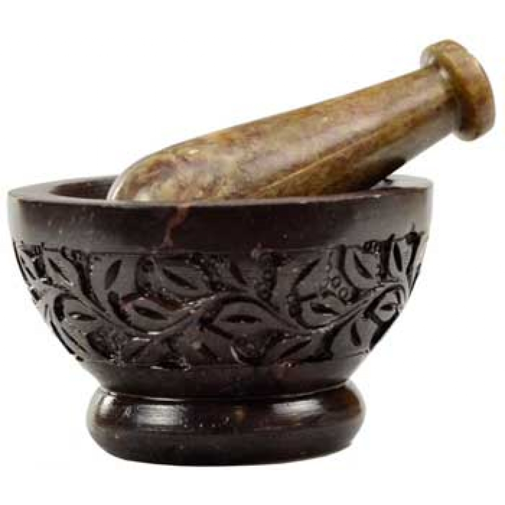 Flower Carved Soapstone Mortar and Pestle Set