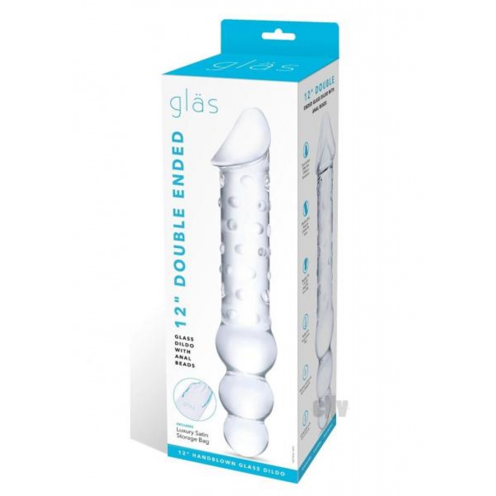 Double-Ended Glass Dildo with Anal Beads - 12 Inches Clear