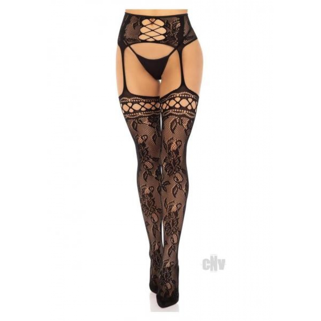 French Rose Lace Stocking/Garterbelt Black