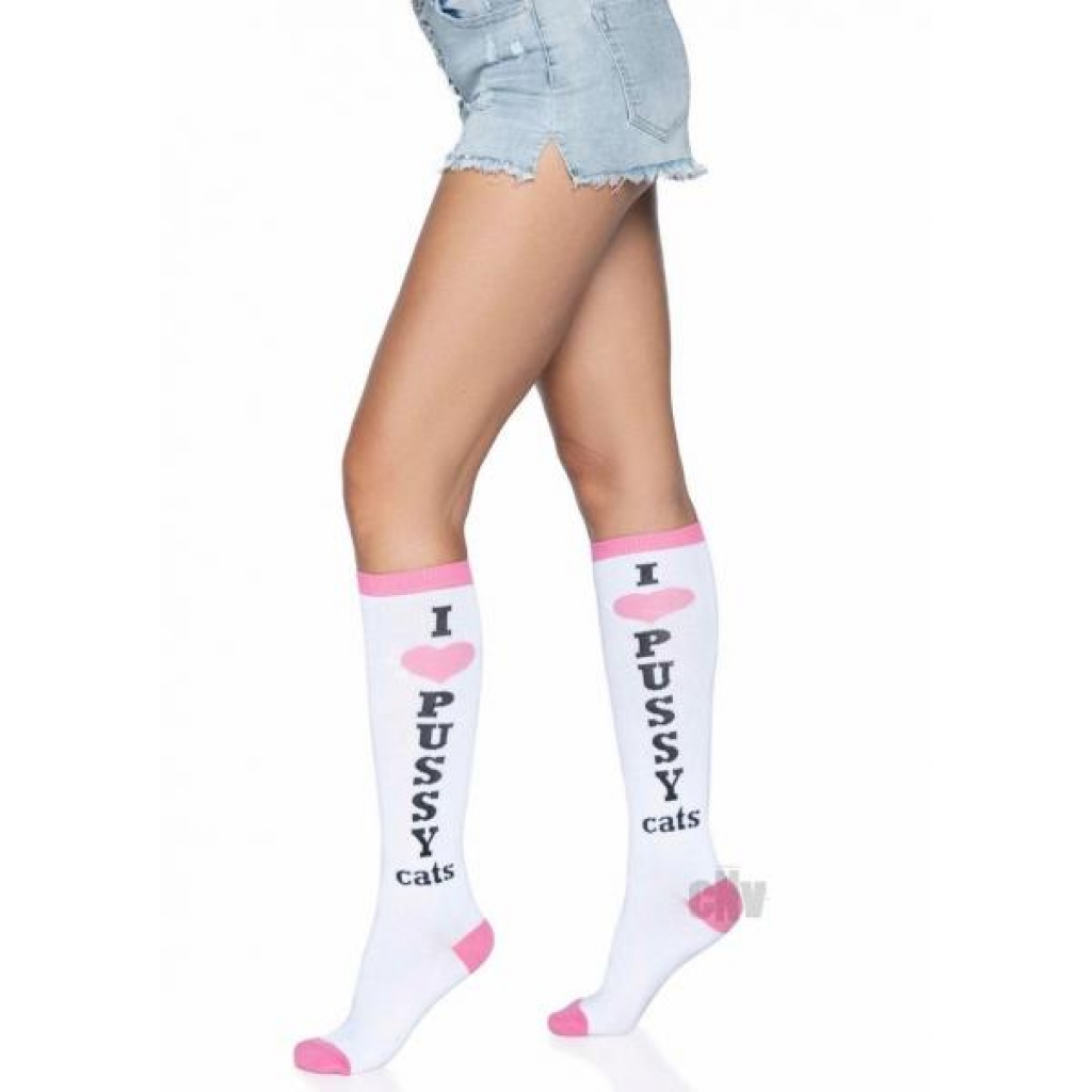 Pussycat Knee Highs - White/Pink O/S