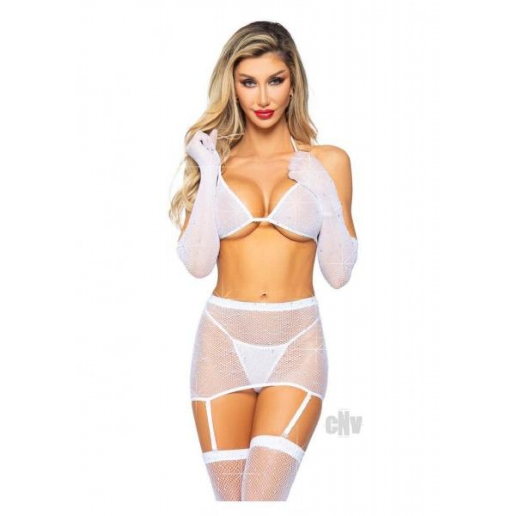 Rhinestone Fishnet Garter Set 5pc - White