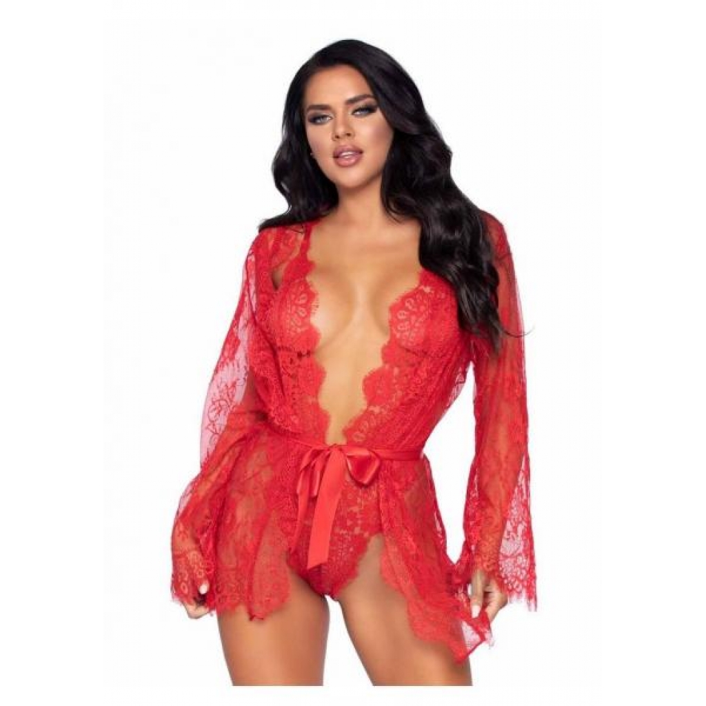 Floral Lace Teddy Thong Robe Tie - MD Red