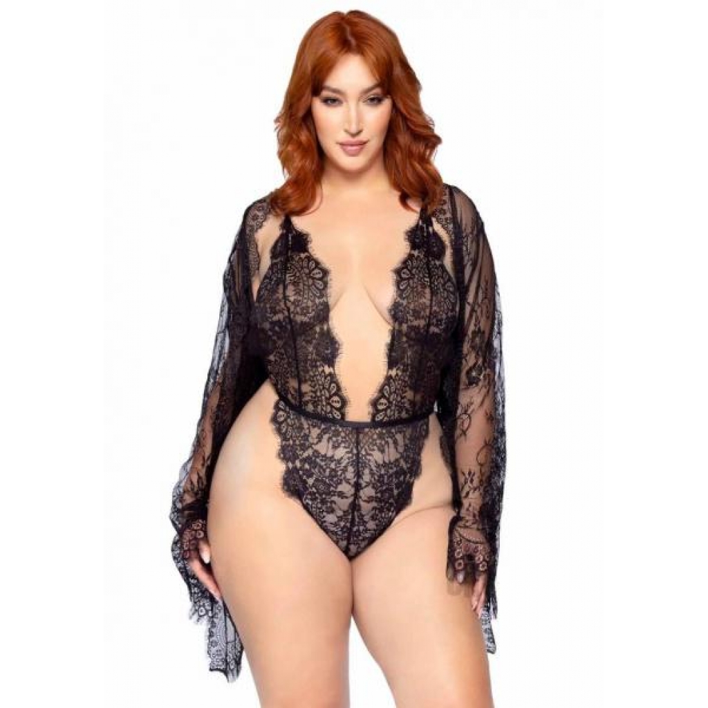 Floral Teddy Thong Robe - 3pc Set Black