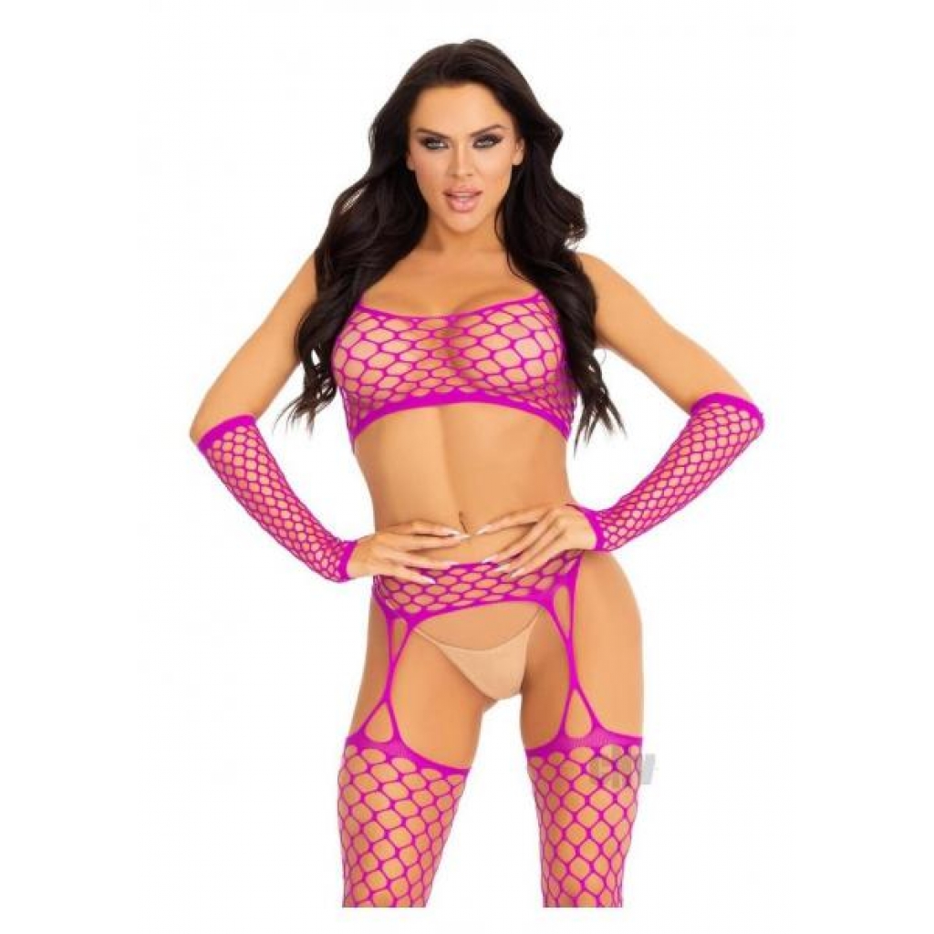 Net Crop Garter Stocking Gloves - Fuchsia