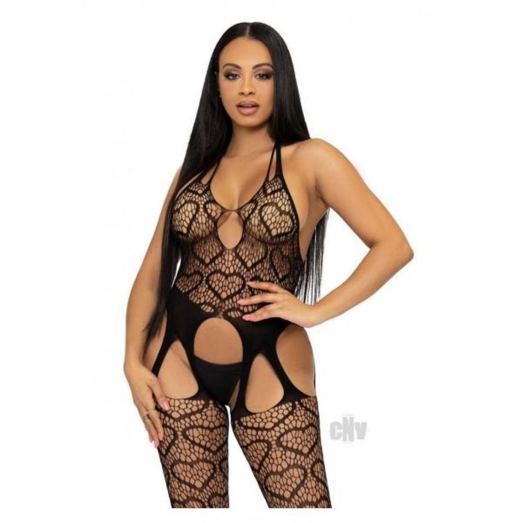 Seamless Heart Suspender Bodystocking - Black