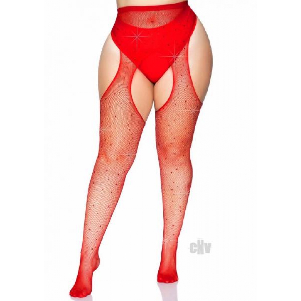 Crystalized Fishnet Suspender Pantyhose - Red