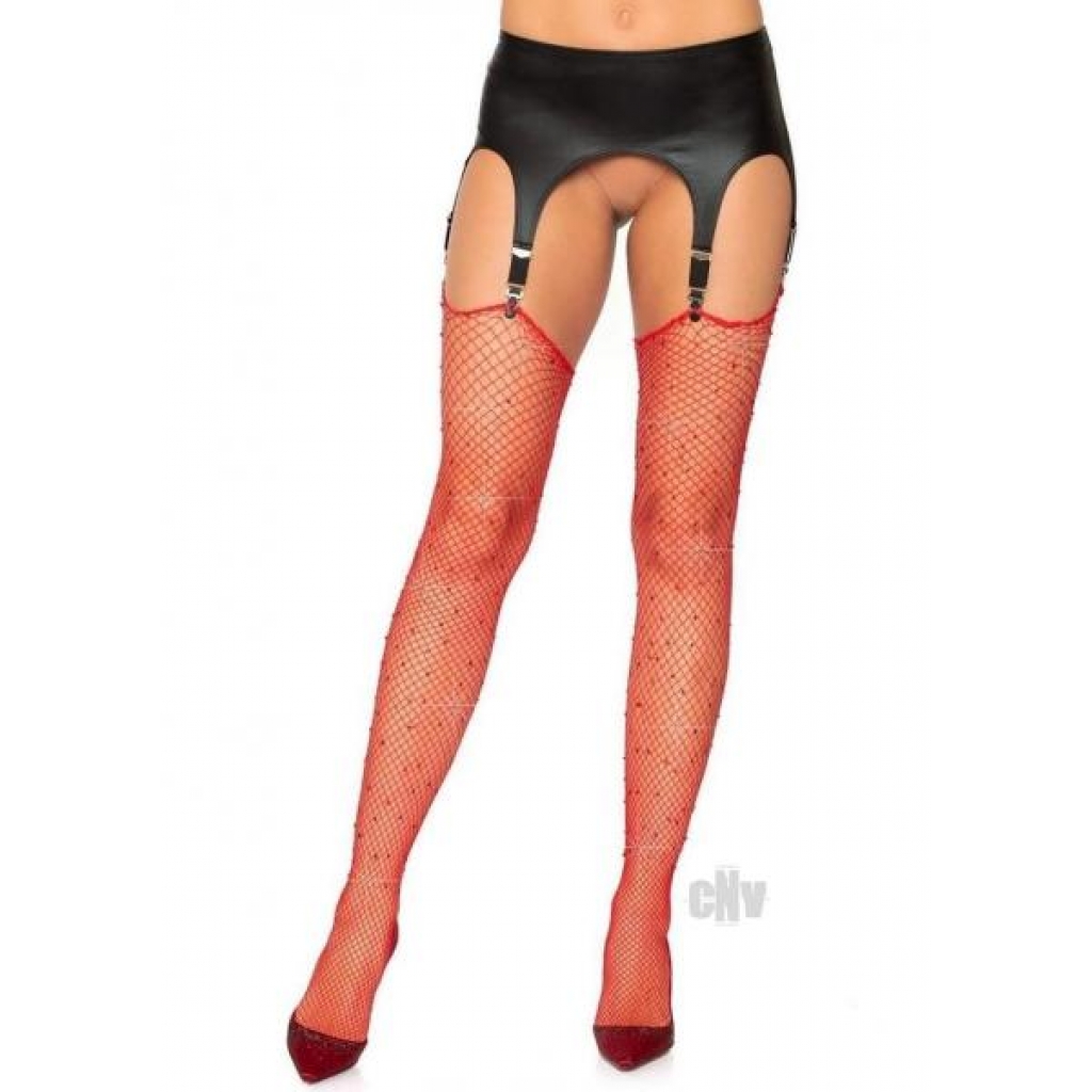 Rhinestone Fishnet Stockings - O/S Red