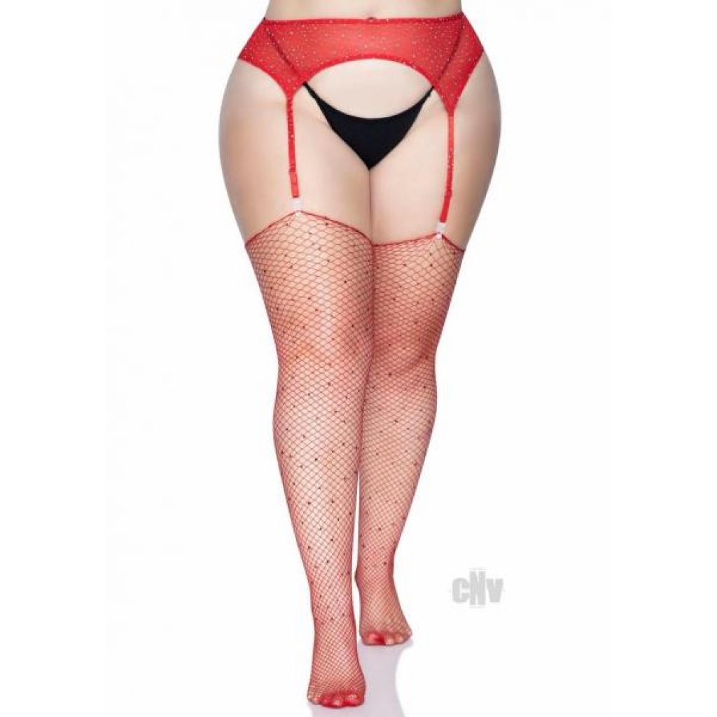 Rhinestone Fishnet Stockings - 1X/2X Red