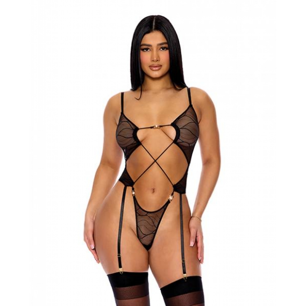 Elegant Sheer Mesh Teddy with Garters & Faux Pearl Details