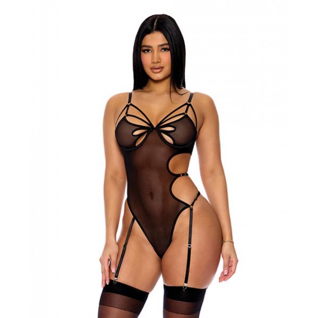 Feeling Butterflies Sheer Mesh Teddy with Garters - Black XL