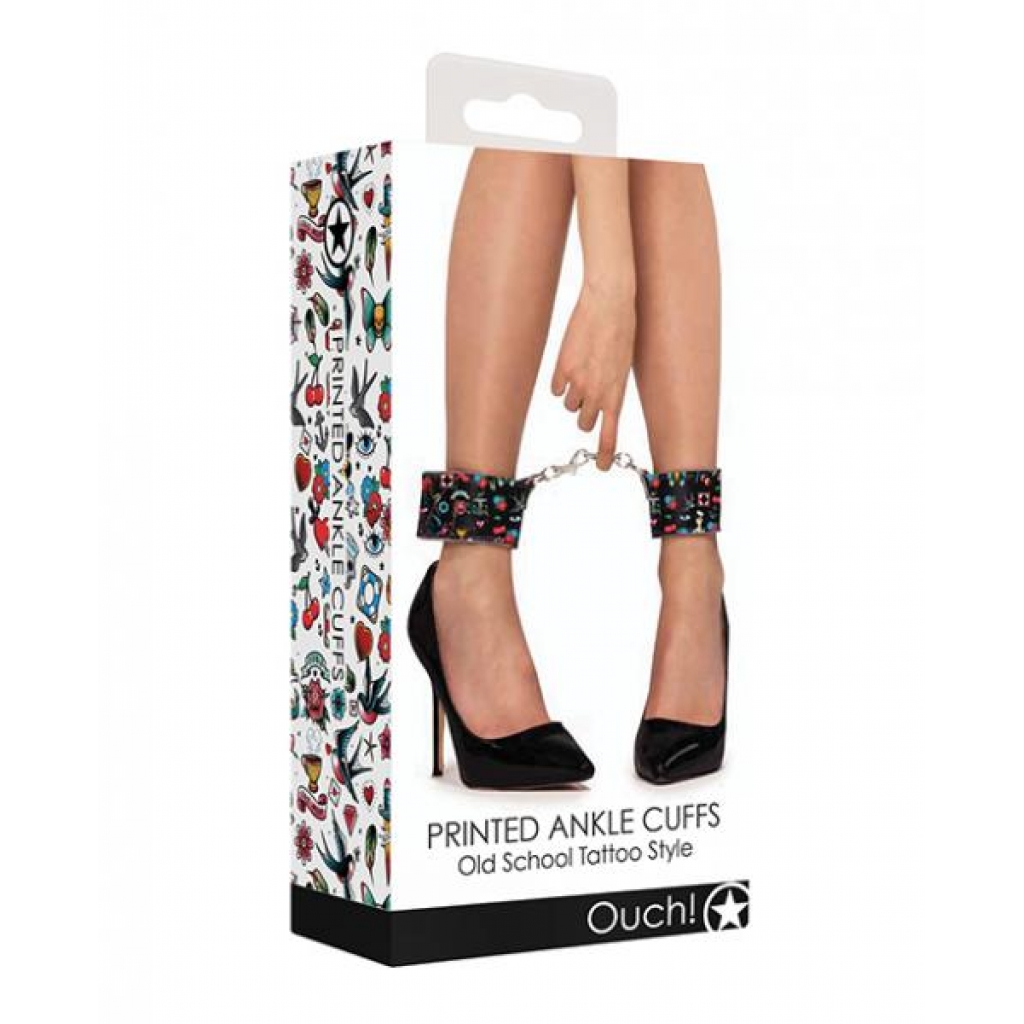 Adjustable Old School Tattoo Style Printed Ankle Cuffs - Black