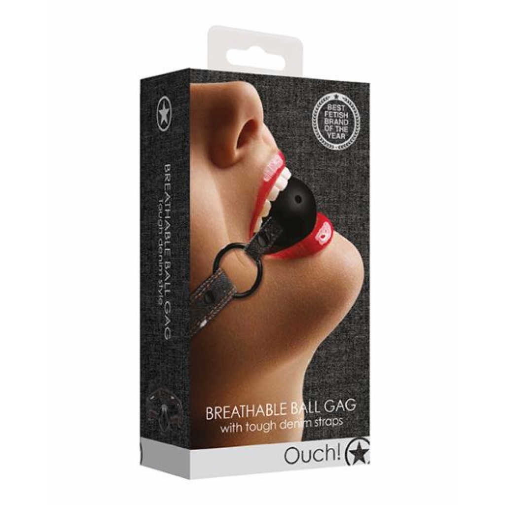 Shots Ouch Breathable Ball Gag with Denim Straps - Kinky Fun