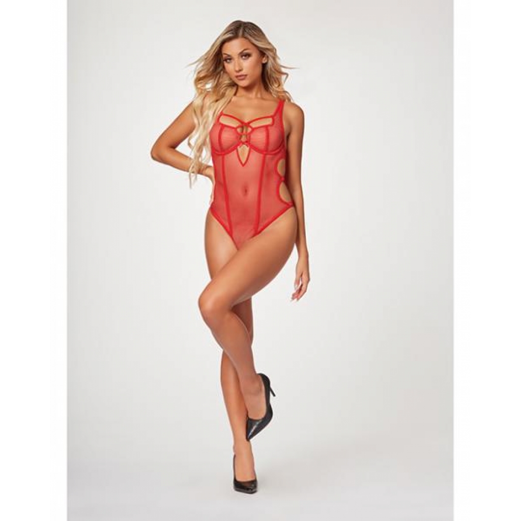 Strappy High Cut Leg Fishnet Teddy - Red Large