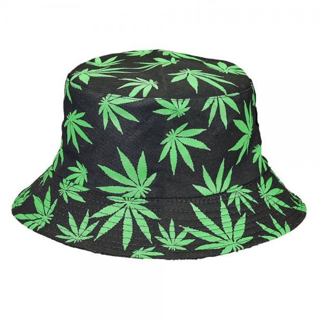 Black Bucket Hat with Green Leaves