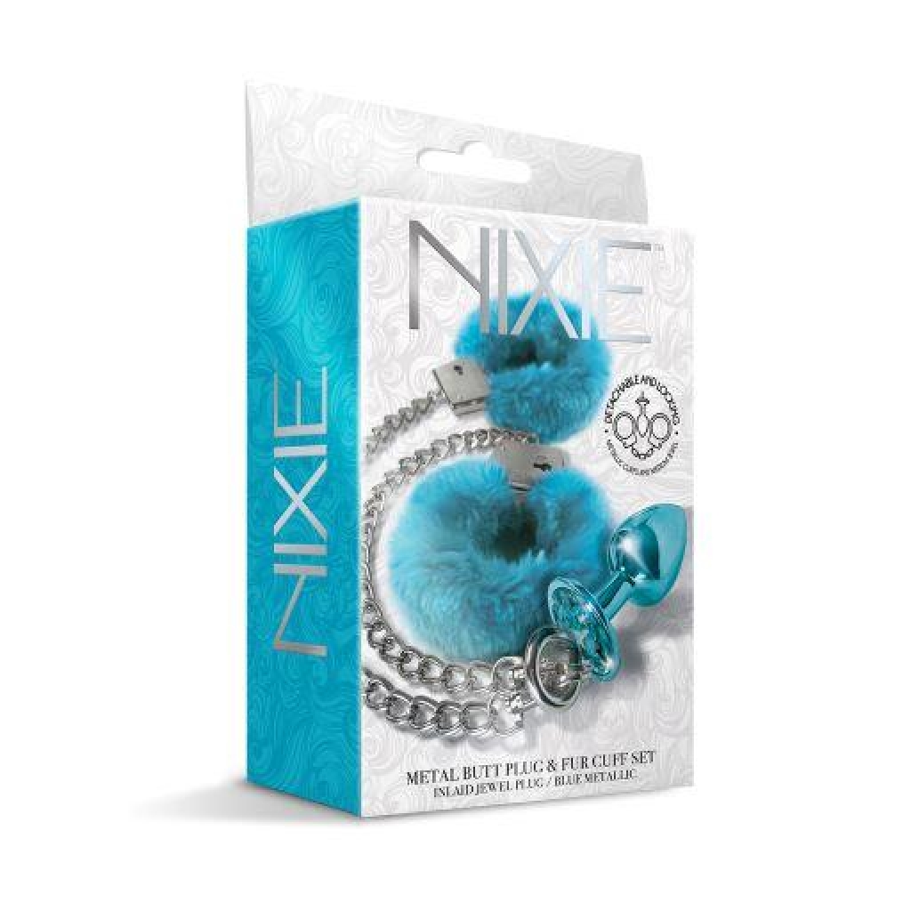 Nixie Metal Plug & Furry Cuff Set - Blue Metallic