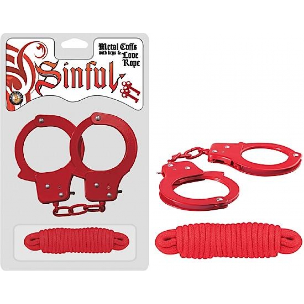 Metal Cuffs with Love Rope – Red