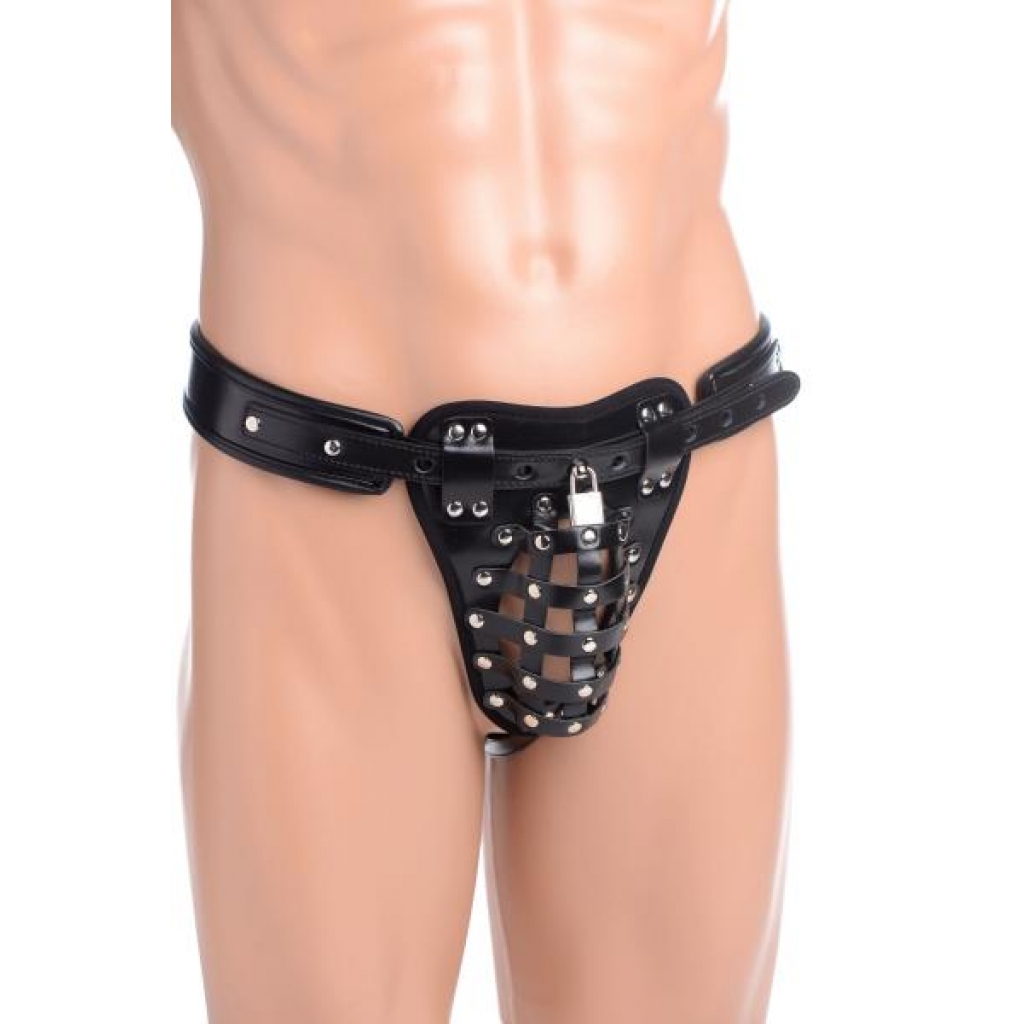 Secure Black Leather Male Chastity Jockstrap O/S